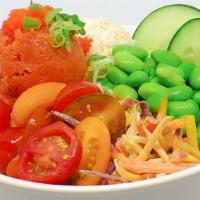 Spicy Tuna Bowl · Spicy ground tuna, green onion, fish egg, crab mix, carrot, cucumber, edamame, tomato, furik...