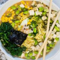 Vegetarian Miso Ramen · Vegetarian broth, Fried Tofu, Miso base, poached egg, tomato, corn, edamame, arugula,scallio...