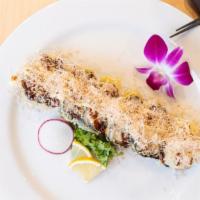 *Osaka Roll · Fried roll with octopus, avocado, crab salad, salmon, unagi, cream cheese, bonito flakes, ta...