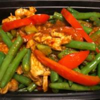 Pad Prik Khing · Spicy. With green beans, bell peppers, red chili paste and kaffir leaves.