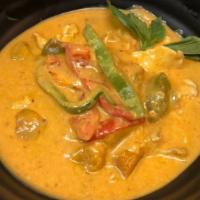 Thai Pumpkin Curry · Spicy. Thai red curry sauce, bell peppers and basil.