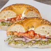 Sunrise Veggie · Toasted bagel or toast with cream cheese, alfalfa sprouts, tomato and red onions.