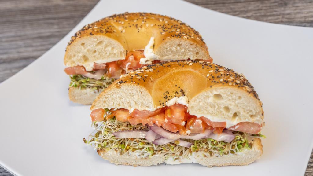 Sunrise Veggie · Toasted bagel or toast with cream cheese, alfalfa sprouts, tomato and red onions.