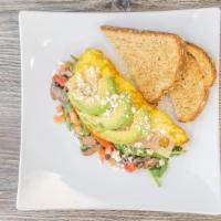 Omelettes · Choice of 1 Breakfast Meat, Cheese, 2 Veggies, Side of Toast & Butter.