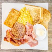 Original Breakfast · Choice of eggs, bacon, ham and sausage, hash browns with side of toast and butter.