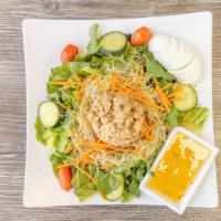 House Walnut Chicken Salad · Mixed Greens, Walnut Chicken Salad, Tomato Cucumbers, Carrots, Alfalfa Sprouts, Hard-Boiled ...