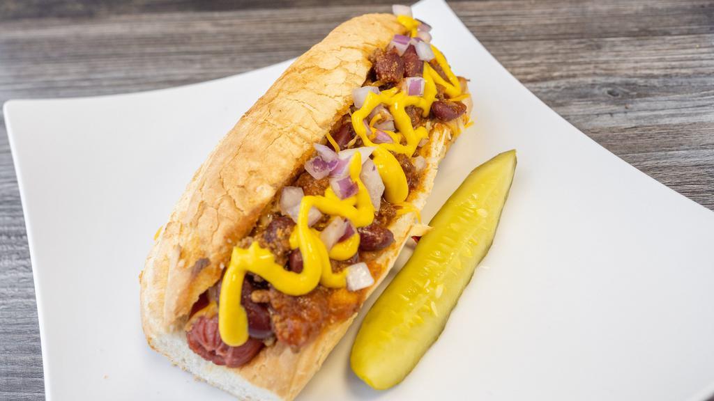 Chili Dog · 1/4 lb. all beef hot dog, chili con carne, melted jack n cheddar, red onion and mustard.