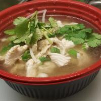 Chicken Noodle Soup · Chicken, rice noodle, bean sprout, garnish in clear broth.