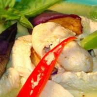 Green Curry · Spicy. Sauteed in hot green curry sauce with eggplant, bamboo shoots, zucchini, bell pepper,...