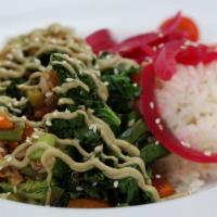 Goddess Bowl · Bowl-rice, seasonal veggies, quinoa, mixed greens, pickled onions w/ chimichurri.