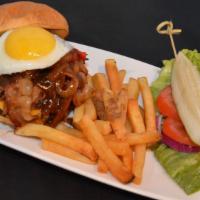Ba Burger · Angus patty, pulled pork, bacon, peppers, onions, mushroom gravy, cheddar cheese, fried egg.