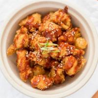 K-Popcorn Chicken Snack · Korean fried chicken.
Buttermilk brined sliced chicken tenders.
Deep fried coated with house...