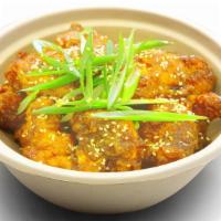 Crispy Lemon Honey Soy Chicken Snack · Marinated sliced chicken tenders.
Korean season fried honey soy chicken with tater tots. (Ya...