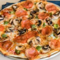 The Mayor · Pepperoni, Ground Beef, Green Peppers, Black Olives, Mushrooms