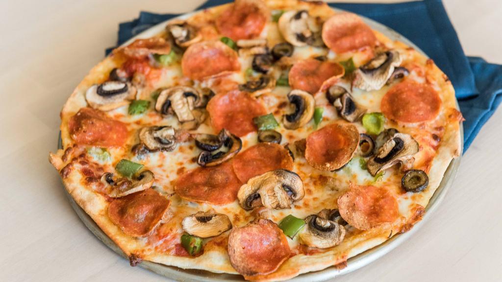 The Mayor · Pepperoni, Ground Beef, Green Peppers, Black Olives, Mushrooms