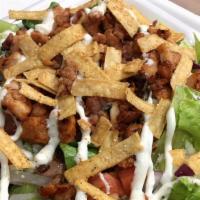 Bbq Chicken Salad · 4 oz of diced chicken marinated in BBQ sauce. Served on a bed of romaine lettuce with Fresh ...