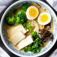 Vegetable Ramen · Soy bean broth, kikurage, menma, bean sprouts, green onion, spinach, tofu, broccoli and egg.