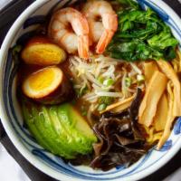 California Ramen · Pork broth, kikurage, avocado, bean sprouts, green onion, spinach, shrimp, and seasoned egg.