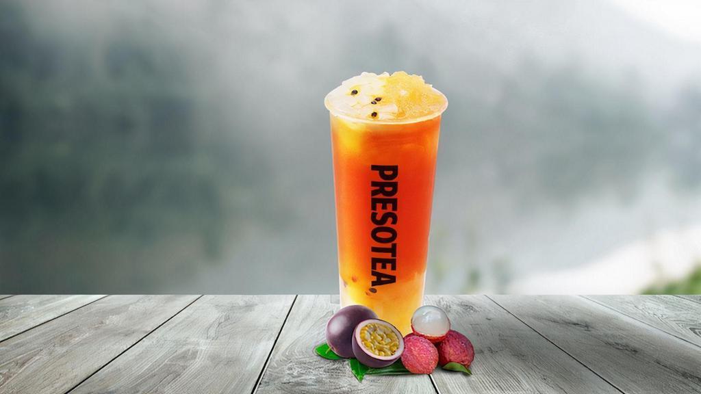 Lychee Fruit Tea · Lychee Black Tea with calamansi, lychee puree, topping of lychee coconut jelly, and orange slices.
