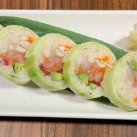 Kaisen Futomaki · 5 piece jumbo roll.  Salmon, tuna, shrimp, jumbo scallop, smelt egg, and avocado wrapped in ...
