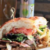 Loaded Sliders · sliced flat iron steak, onions, bleu cheese, candied bacon, lettuce, tomato