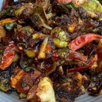 Brussels Sprouts · wok'd in spicy chili-soy, dried chilies