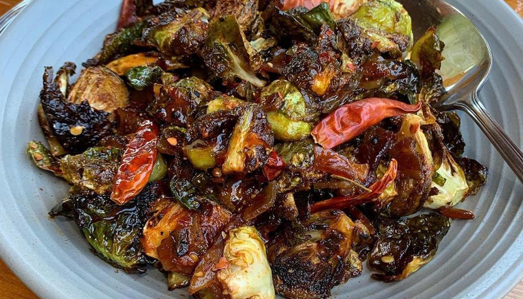 Brussels Sprouts · wok'd in spicy chili-soy, dried chilies