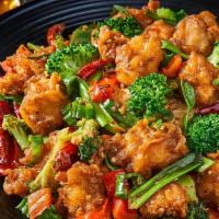 Firecracker Chicken · crispy chicken, broccoli, red bell peppers, shishito peppers, thai chili-coconut sauce