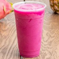 Pink Dragon · A delicate blend of dragon fruit, pineapple, strawberry, burro banana, coconut, and agave.