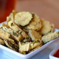 Fried Pickles · Beer battered pickle spears, and onions. Served with our house chili aioli.
