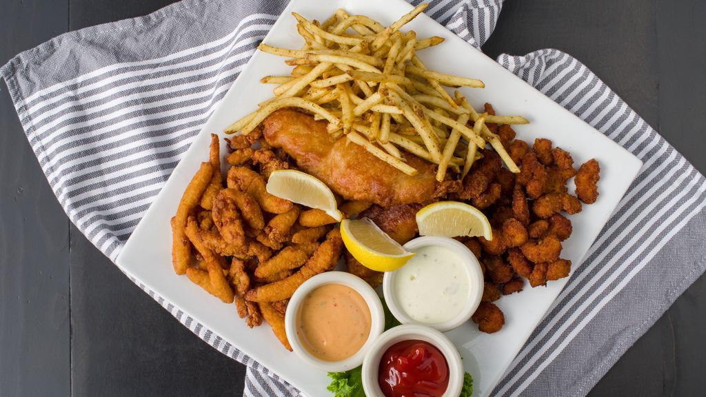 Seafood Platter · 2 piece beer battered Alaska cod, battered clam strips and mini shrimp with fries