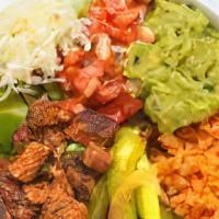 Double Meat Burrito Bowl · Your choice of two proteins, spanish rice, black beans, pico de gallo, and shredded cheese o...
