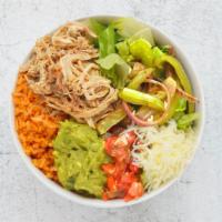Shredded Beef Burrito Bowl · Shredded beef, spanish rice, black beans, pico de gallo, and shredded cheese over romaine le...