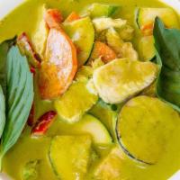 Green Curry · Green Curry paste with coconut milk, Thai eggplant,
zucchini, carrot, bell-paper, bamboo-sho...