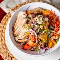 Asian Chicken Salad · Grilled chicken, sprouts, red cabbage, carrots, lettuce, tomatoes, mandarin oranges, Asian n...
