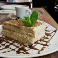 Tiramisu Toscana · Lady fingers infused with cold brew coffee layered with mascarpone cream, finished with espr...