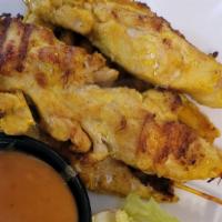 Chicken Satay · 4 pieces. Marinated chicken tenders with Thai style satay sauce, served with peanut sauce.