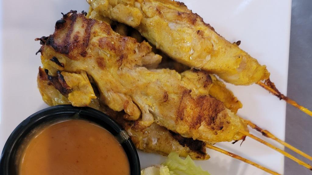 Chicken Satay · 4 pieces. Marinated chicken tenders with Thai style satay sauce, served with peanut sauce.