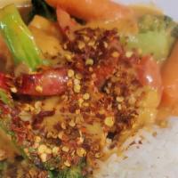Peanut Sauce Curry · kind of mild spicy peanutty curry with broccoli, bell pepper and carrot
