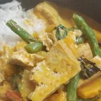 Panang Curry · Panang curry with choice of protein, kaffir leaves, basil leaves, green beans, and bell pepp...
