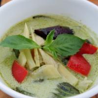 Green Curry · well known Thai green curry with bamboo shoots, bell pepper, basil, pea, carrot and chinese ...