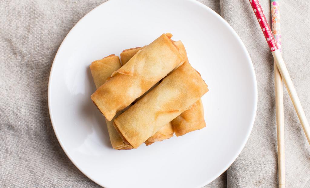 Eggrolls (5) · Your choice of pork, chicken or veggie. Clear vermicelli noodles, carrots, cabbage, onions, and celery wrapped and deep fried, served with sweet chili sauce.