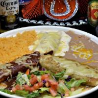 Enchiladas Divorciadas · Three of a kind authentic enchiladas with each of our special sauces of creamy sauce, a deli...