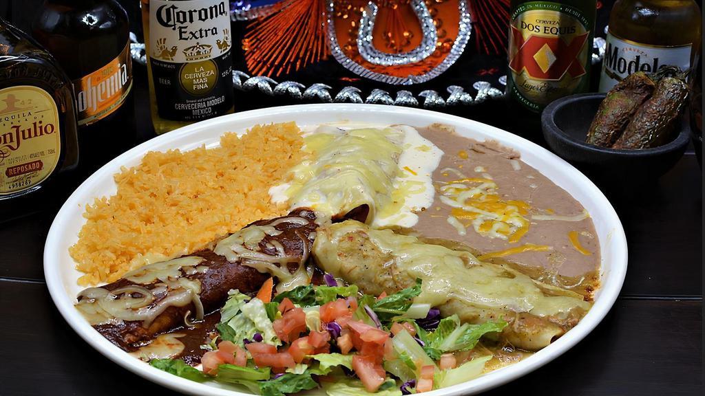 Enchiladas Divorciadas · Three of a kind authentic enchiladas with each of our special sauces of creamy sauce, a delicious green tamatillo and our signature mole sauce.