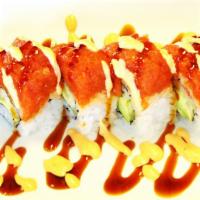 Kangnam Style (8 Pcs) · In: avocado, Krab, cucumber. Top: spicy tuna. Sauce: spicy mayo and sweet sauce. Etc: contai...
