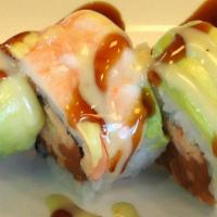 Smokin Hot (8 Pcs) · In: spicy Krab, spicy tuna, cucumber. Top: avocado, shrimp. Sauce: 'Chef Cai' sauce and swee...