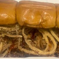 Barbecue Pulled Pork · Slow Roasted Pork in Bbq sauce, Fried Onion String, Buttery Brioche Bun