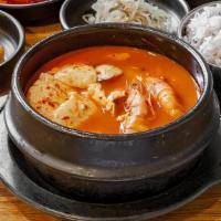 Seafood Tofu Soup (해물 순두부) · Soft tofu, clam, shrimp + rice & side dishes