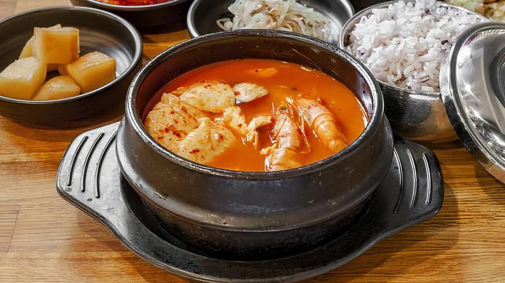 Seafood Tofu Soup (해물 순두부) · Soft tofu, clam, shrimp + rice & side dishes