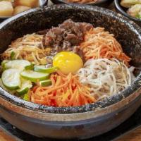 Bibimbap (비빔밥) · Rice, zucchini, bean sprout, carrot, radish, egg, beef OR tofu